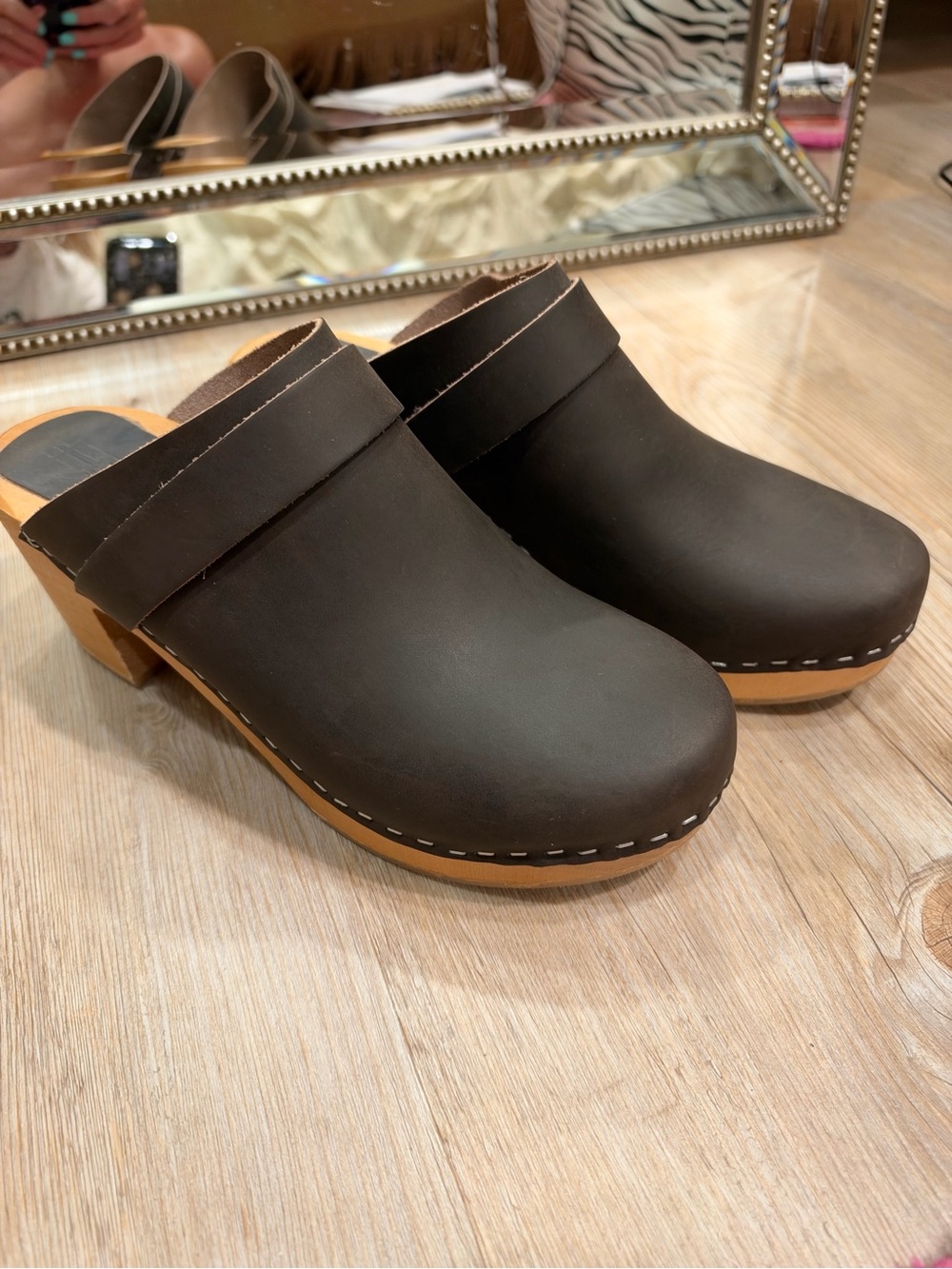 Björk Wooden-Trim Suede Clog Mule in Brown